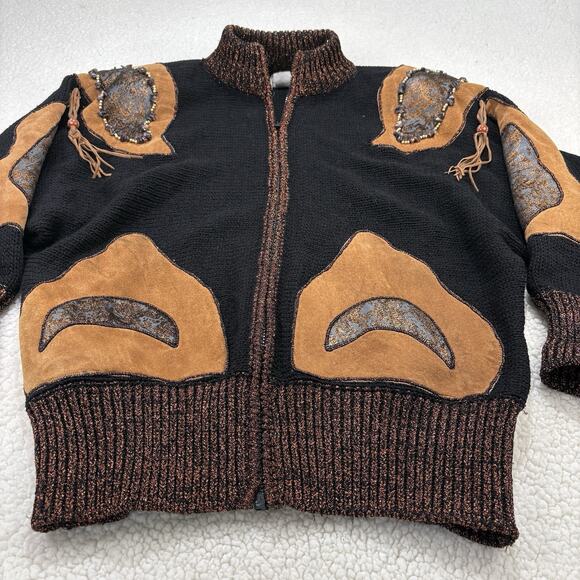 Vtg 80s Christine Knit Jacket Zip Sweater Embellished Beaded Suede Wool Tassels - Picture 2 of 7